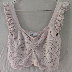 Zara M ~ Floral Knit Crop Top Pastel Pink crochet tank with embroidered details